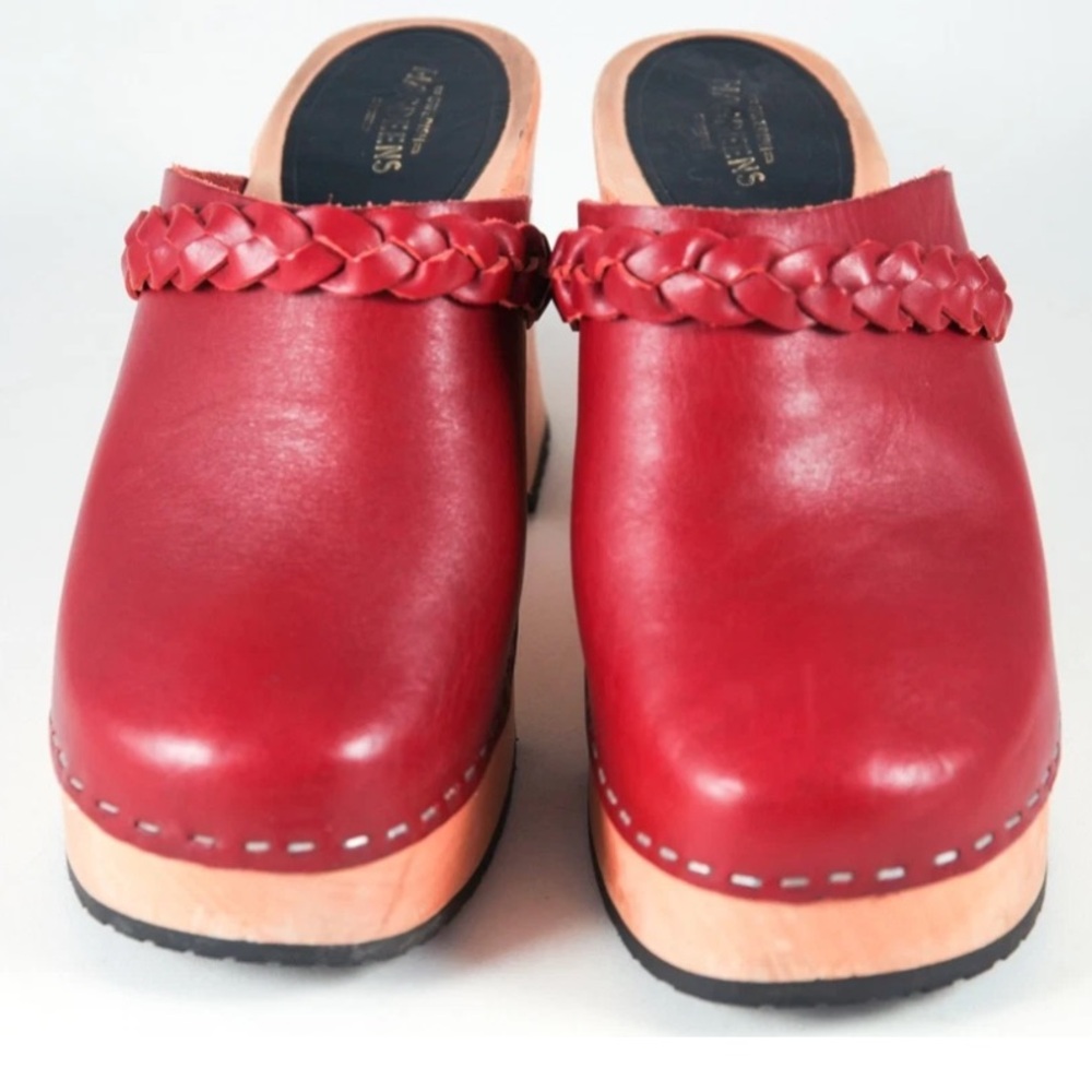 Swedish Hasbeens LAILA Red Leather Mules 7.5 Boho Clogs